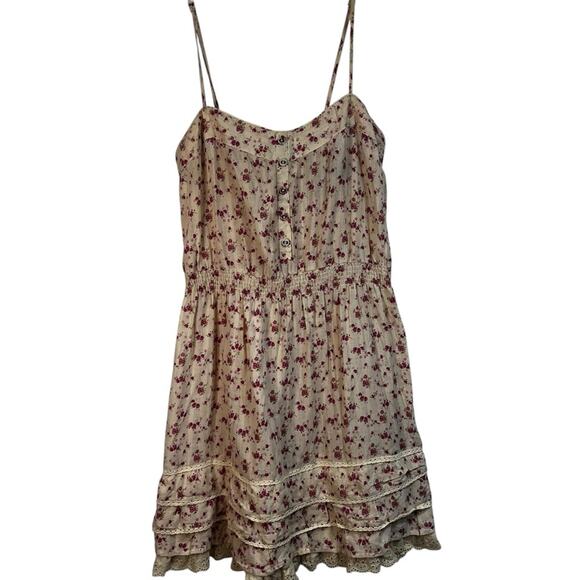 Mango Cream and Pink Ditsy Floral Mini Sundress, Tiers, Eyelet Lace, Size Medium - Picture 3 of 10